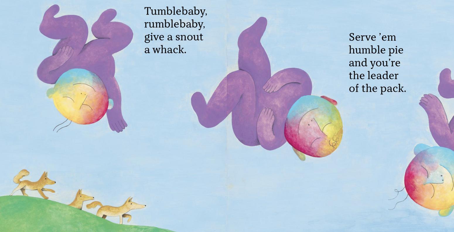 A purple baby with a rainbow-colored head floats and twists across the sky.