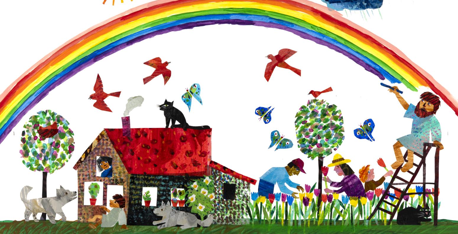 Illustration of artist drawing rainbow over scene.
