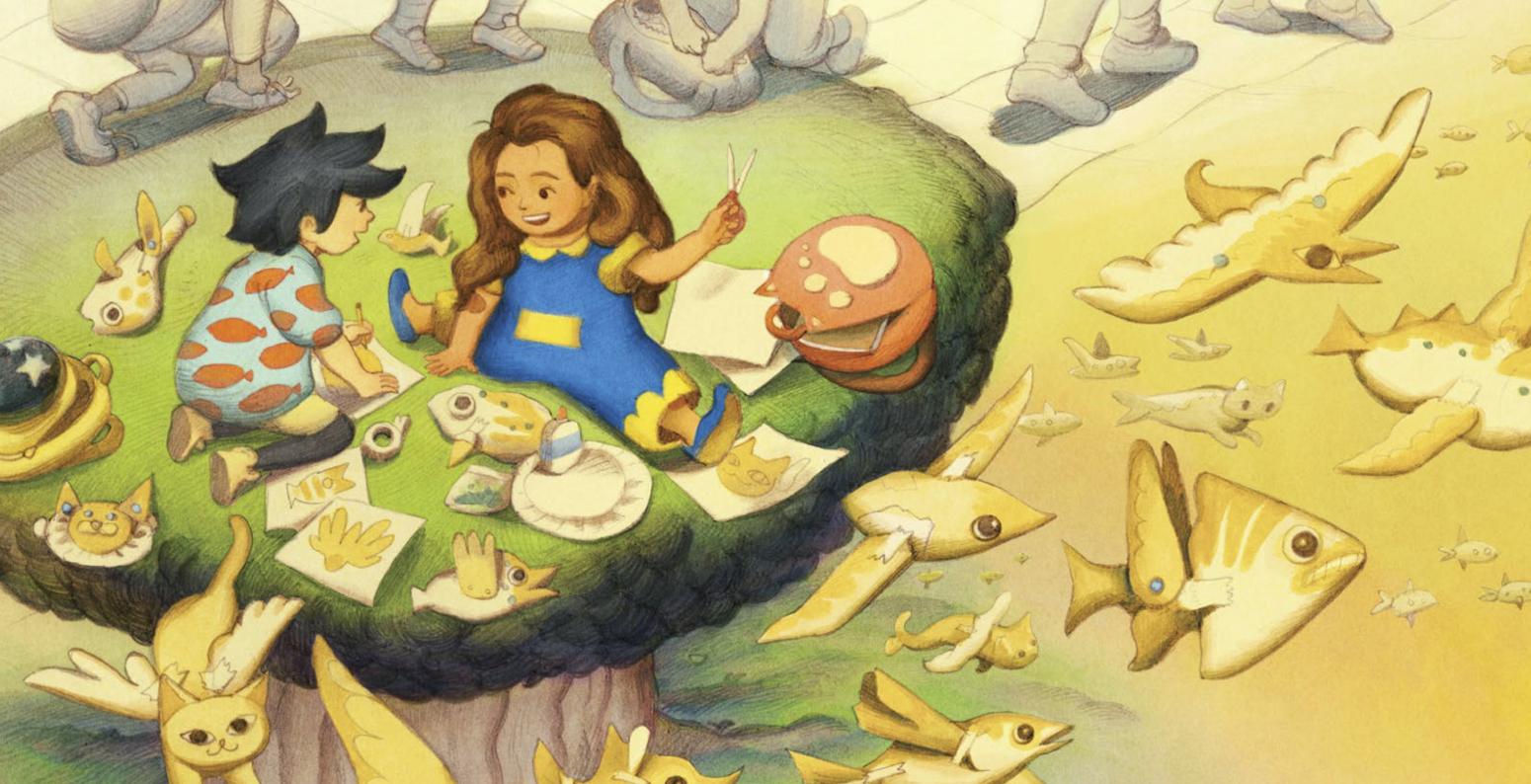 Two children sit atop a tree making flying creatures with paper, glue, and scissors.