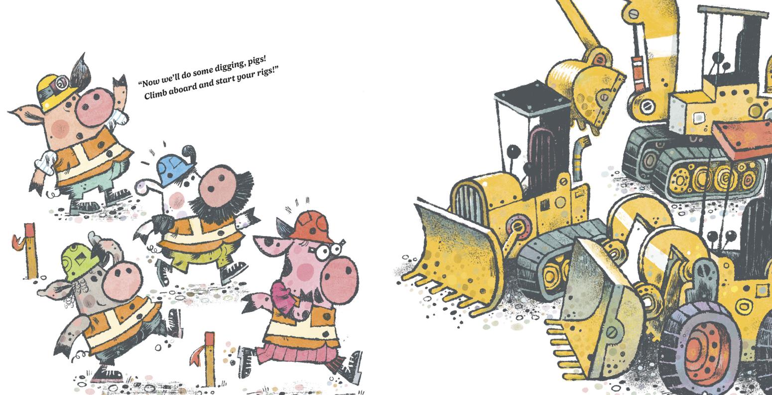 Illustration of pigs digging a road.