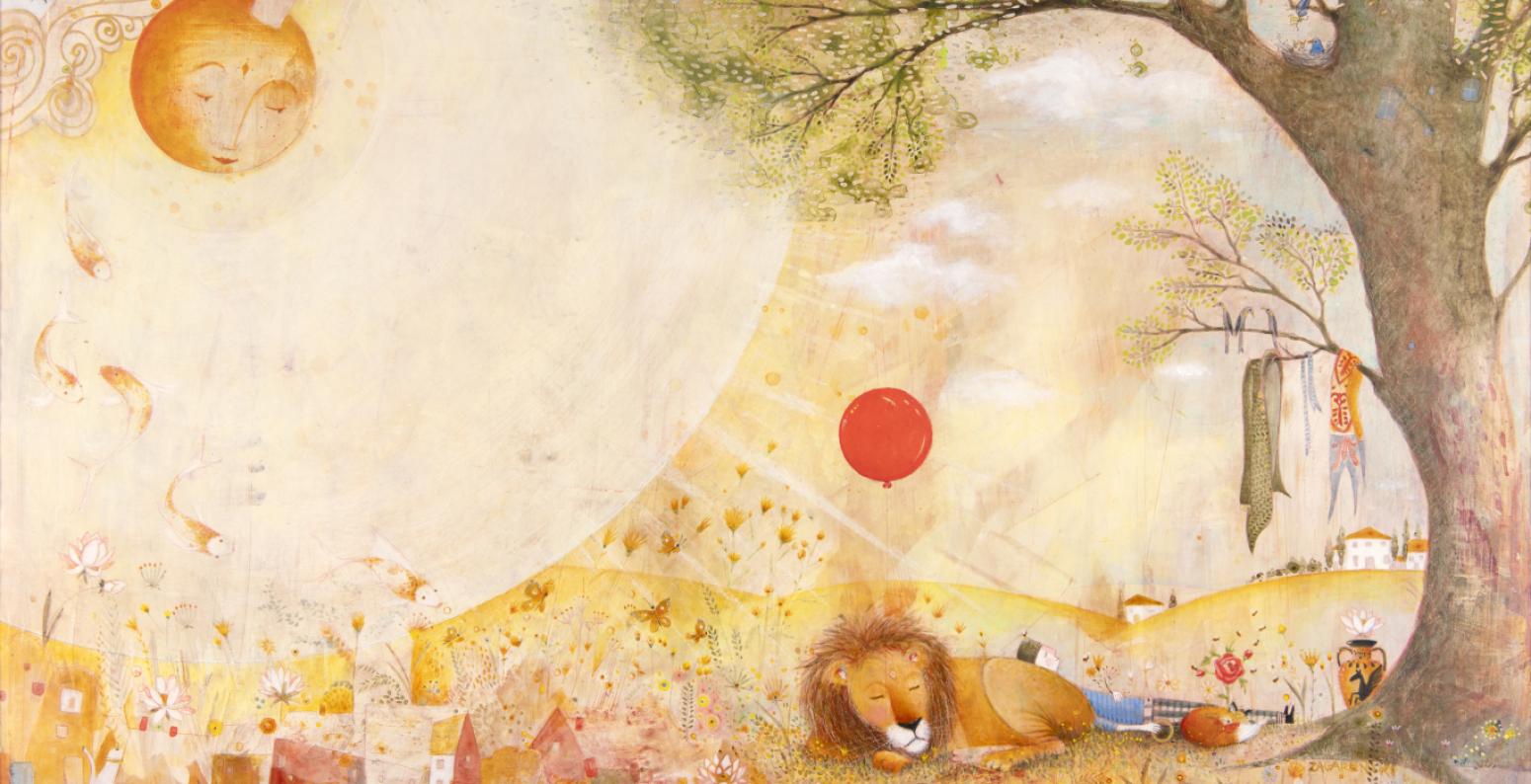 person sleeping next to a lion near a tree with a red balloon