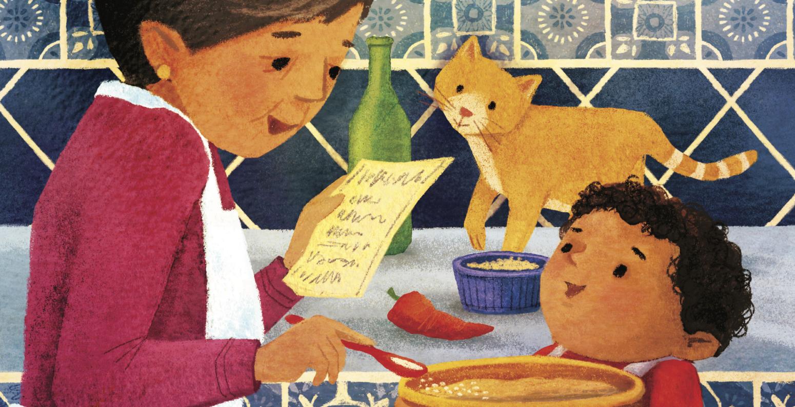 A boy and his abuela cook together in the kitchen, with a cat watching nearby.