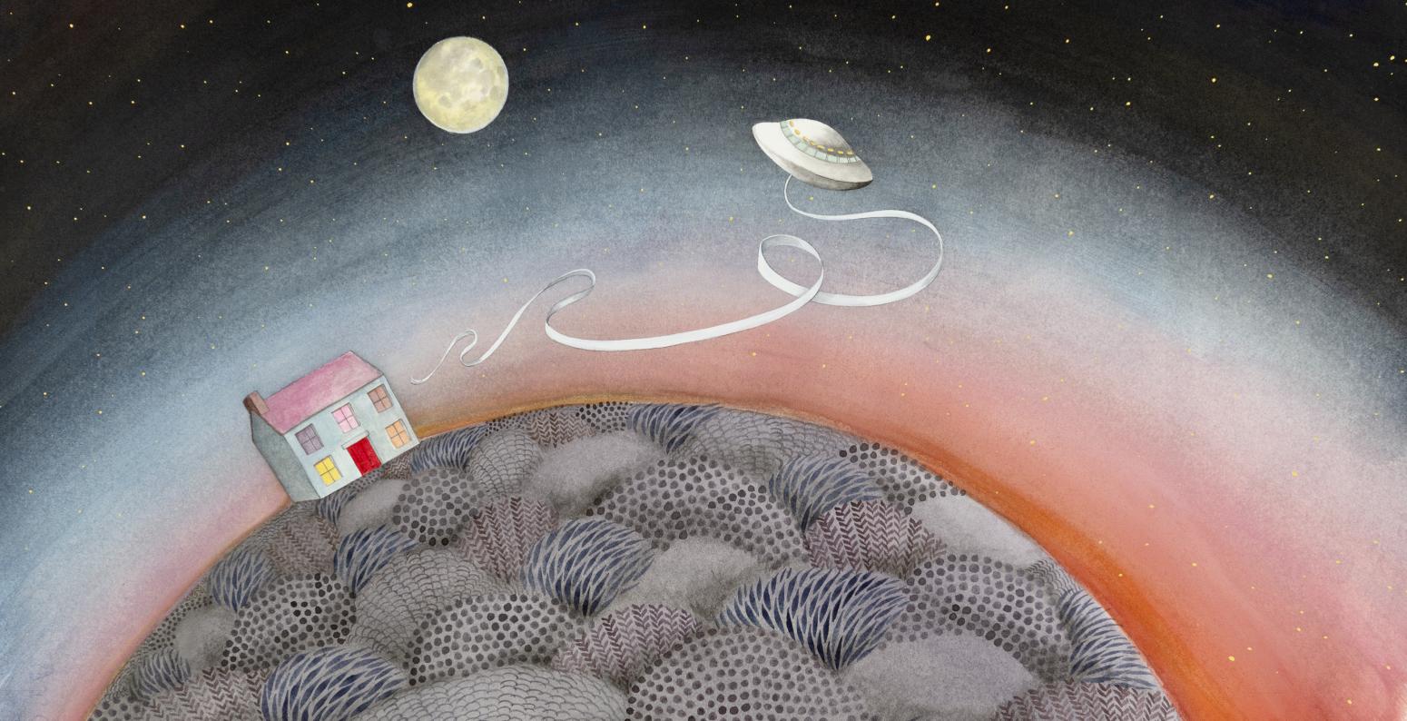 illustration of house on planet. 