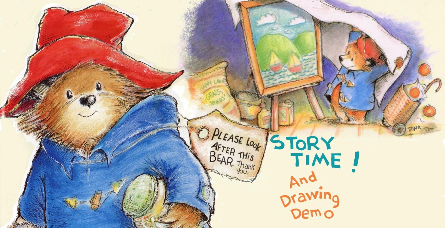 Graphic of Paddington Bear holding a suitcase in one paw and in the background another picture of Paddington next to a painting on an easel.
