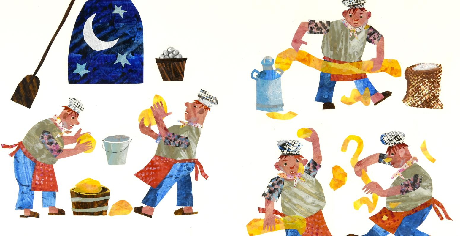 Illustration of baker making bread in stages.