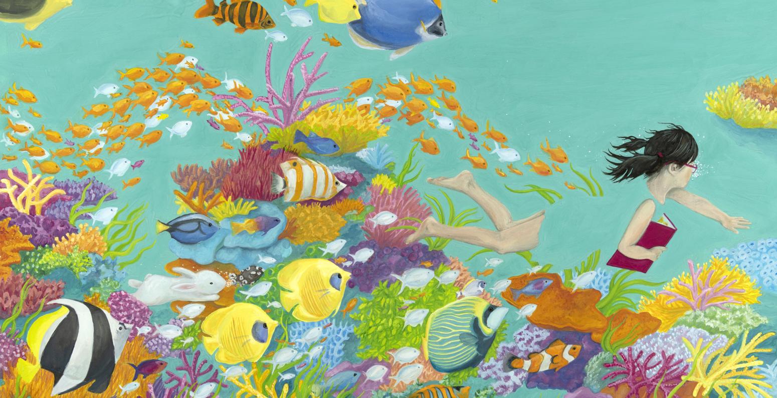 Illustration of girl swimming in reef. 