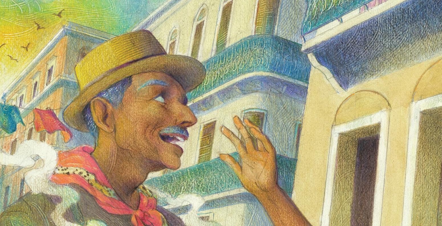 A man selling peanuts on the street tips his hat and smiles up at a young girl looking out a window.
