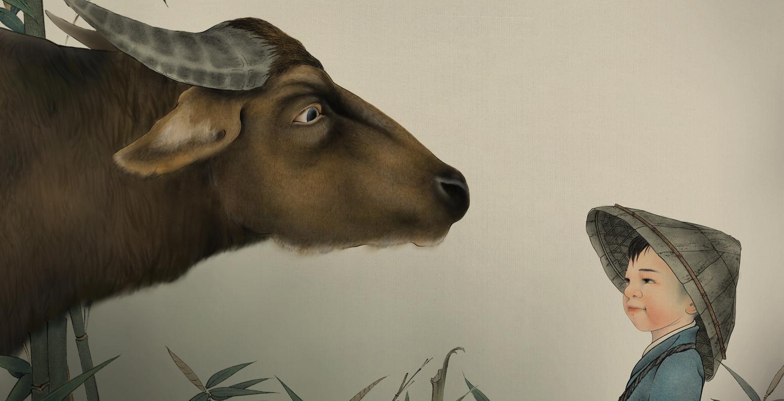 Profile of a boy and ox looking at one another.
