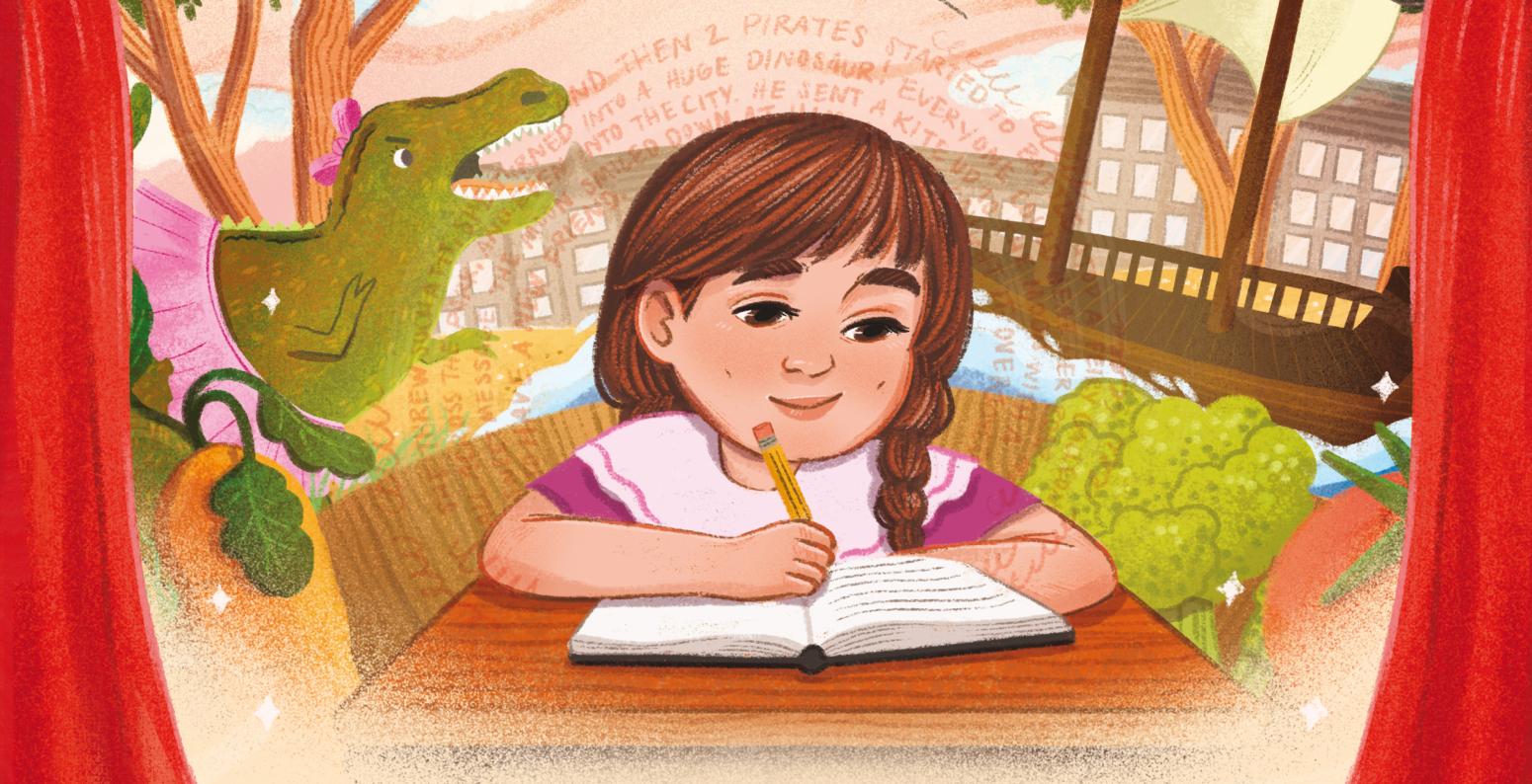 A young girl sits at a table writing in a notebook, surrounded by trees, a house and a dinosaur wearing a pink tutu.