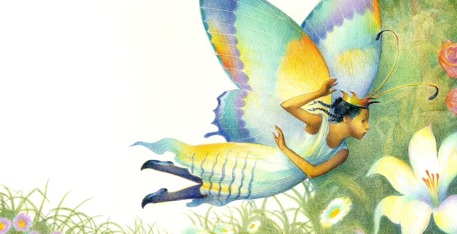 Illustration of a butterfly in flower garden.