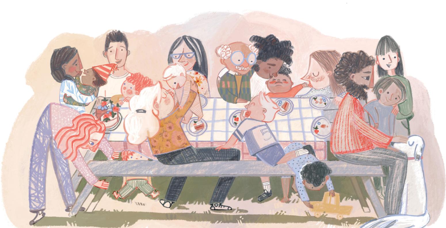 illustration of a diverse group of adults and children at a picnic table
