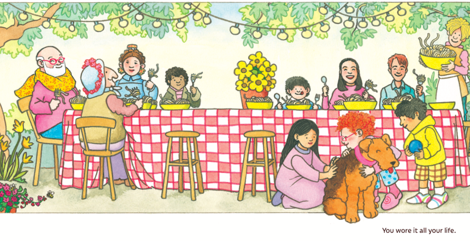 Illustration of Tomie dePaola and friends sitting outside at a long table eating pasta.
