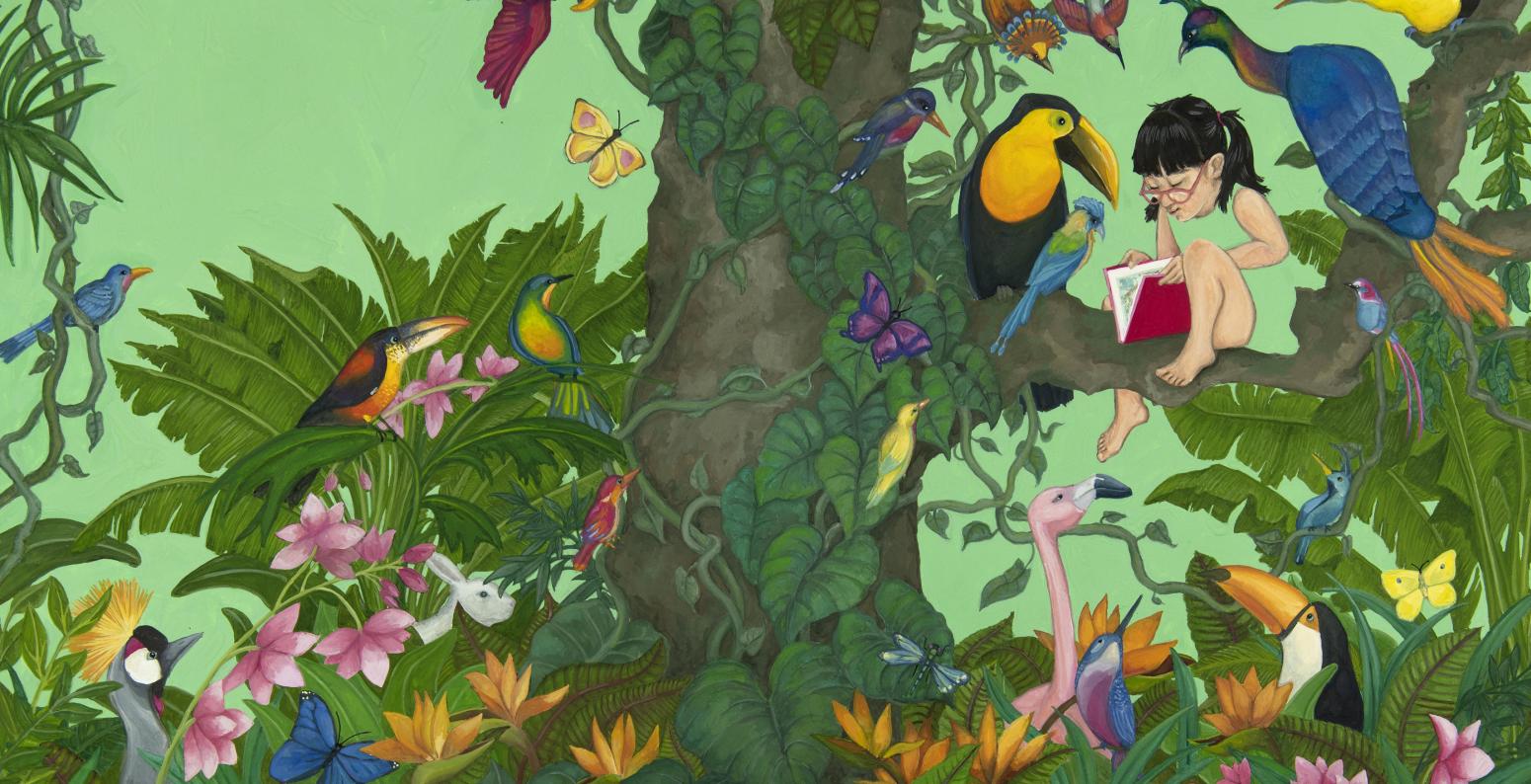Illustration of girl reading book in tree to tropical birds.