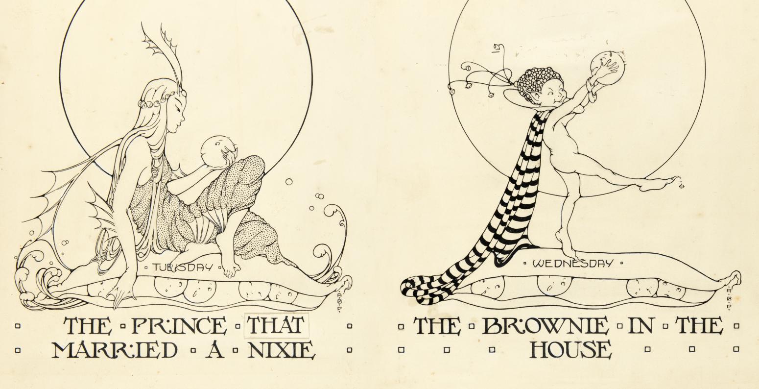 Illustration in black line of magical elf creatures. 