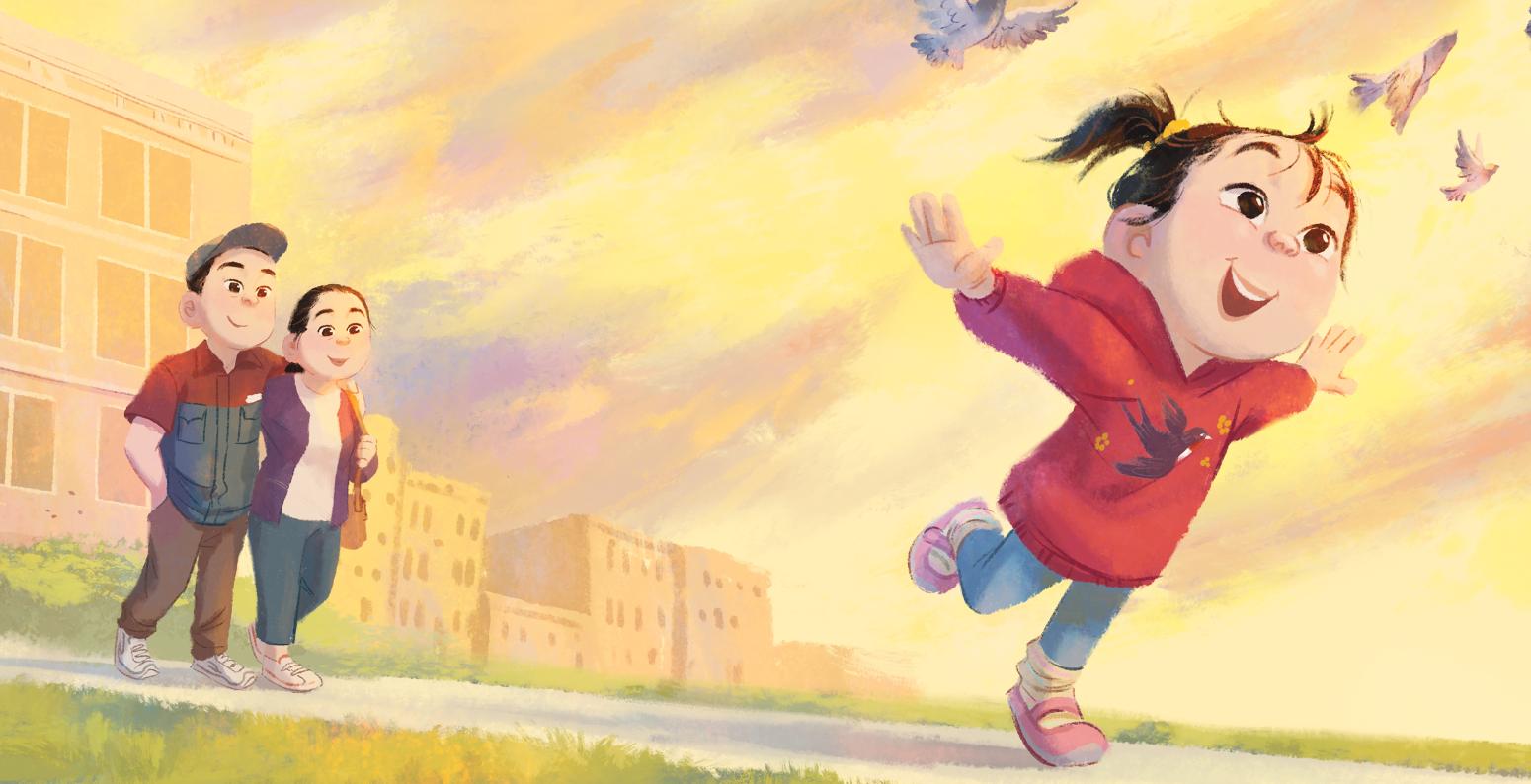 A girl in a red jacket runs with arms out wide, with her parents walking in the background.