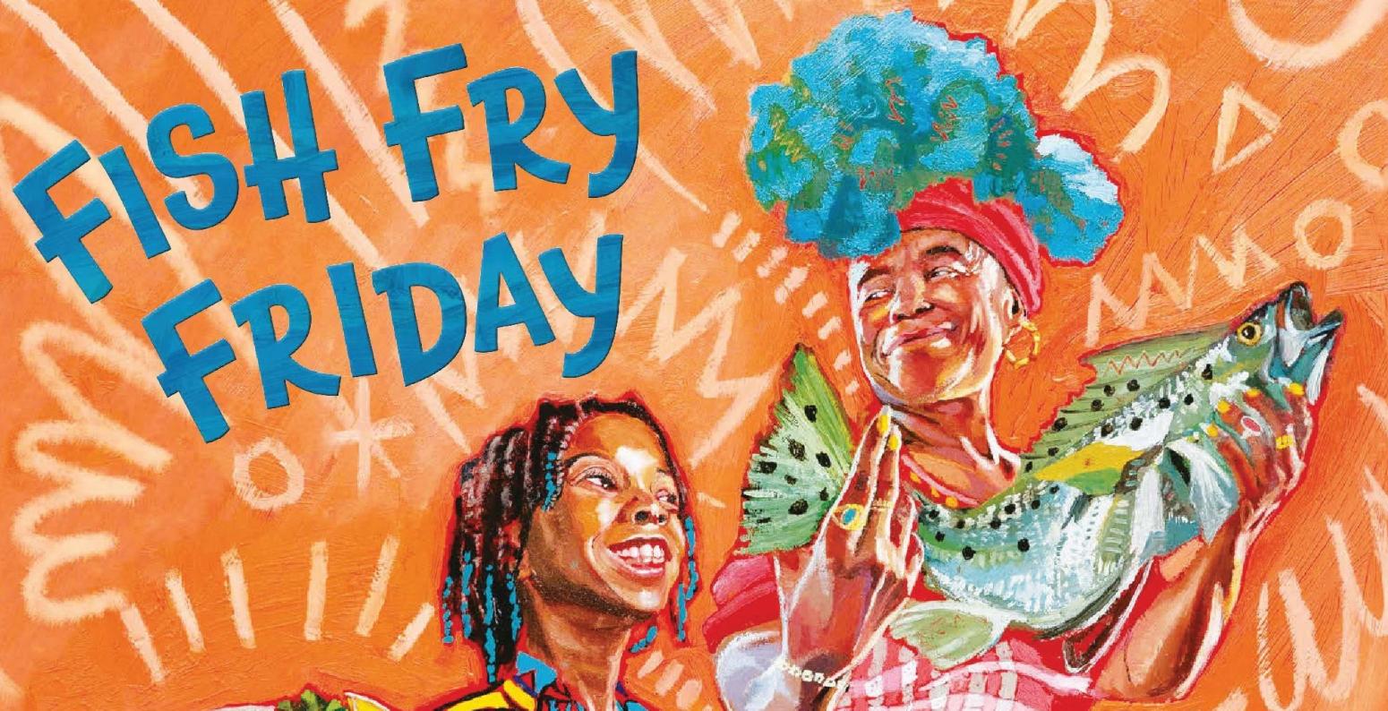 a Black boy holding a platter of food and a Black woman holding a fish