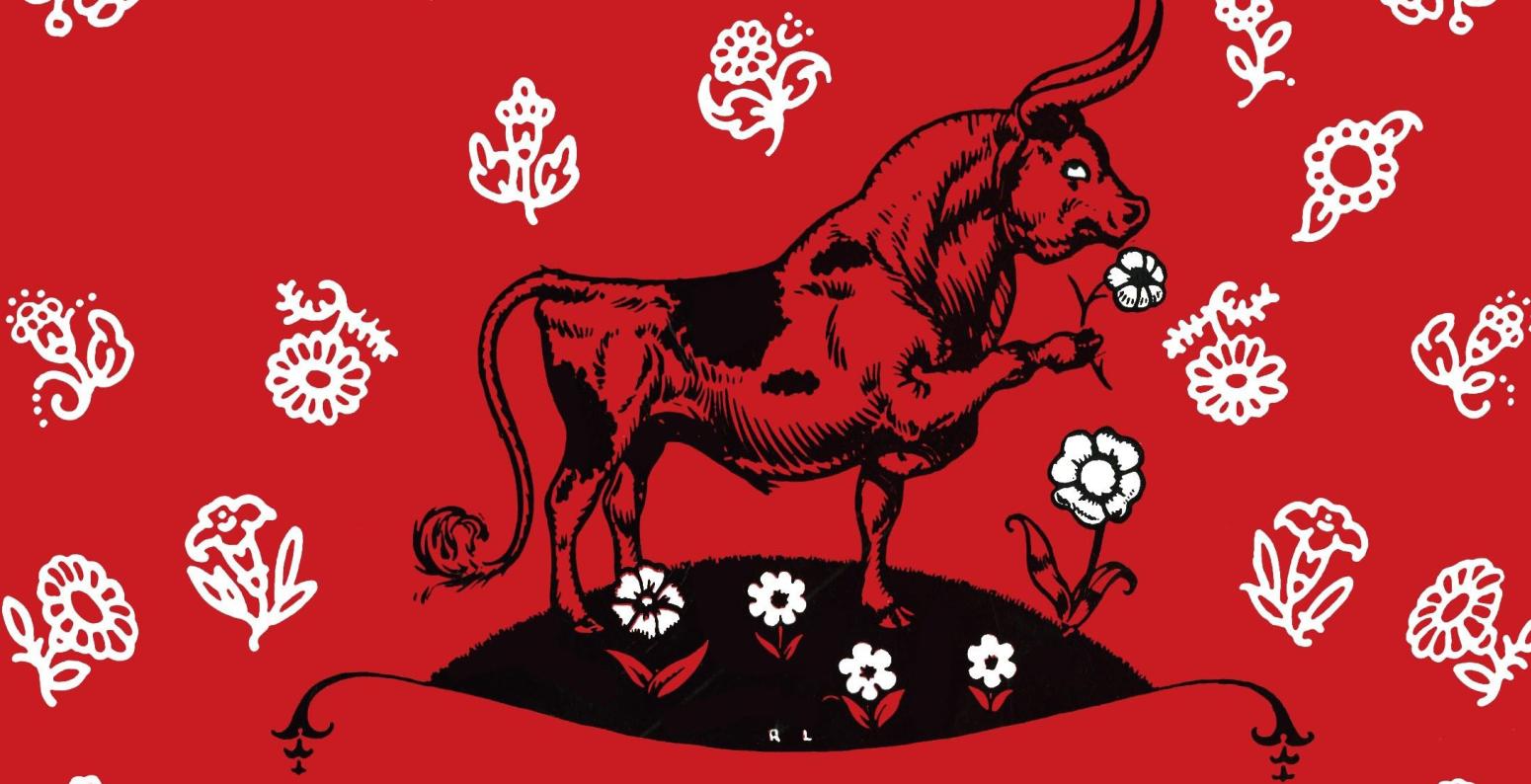 Book cover illustration of bull sniffing flower. 