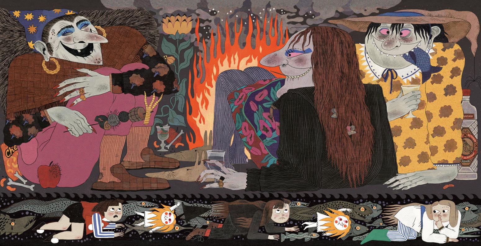 Illustration of witches in cave. 
