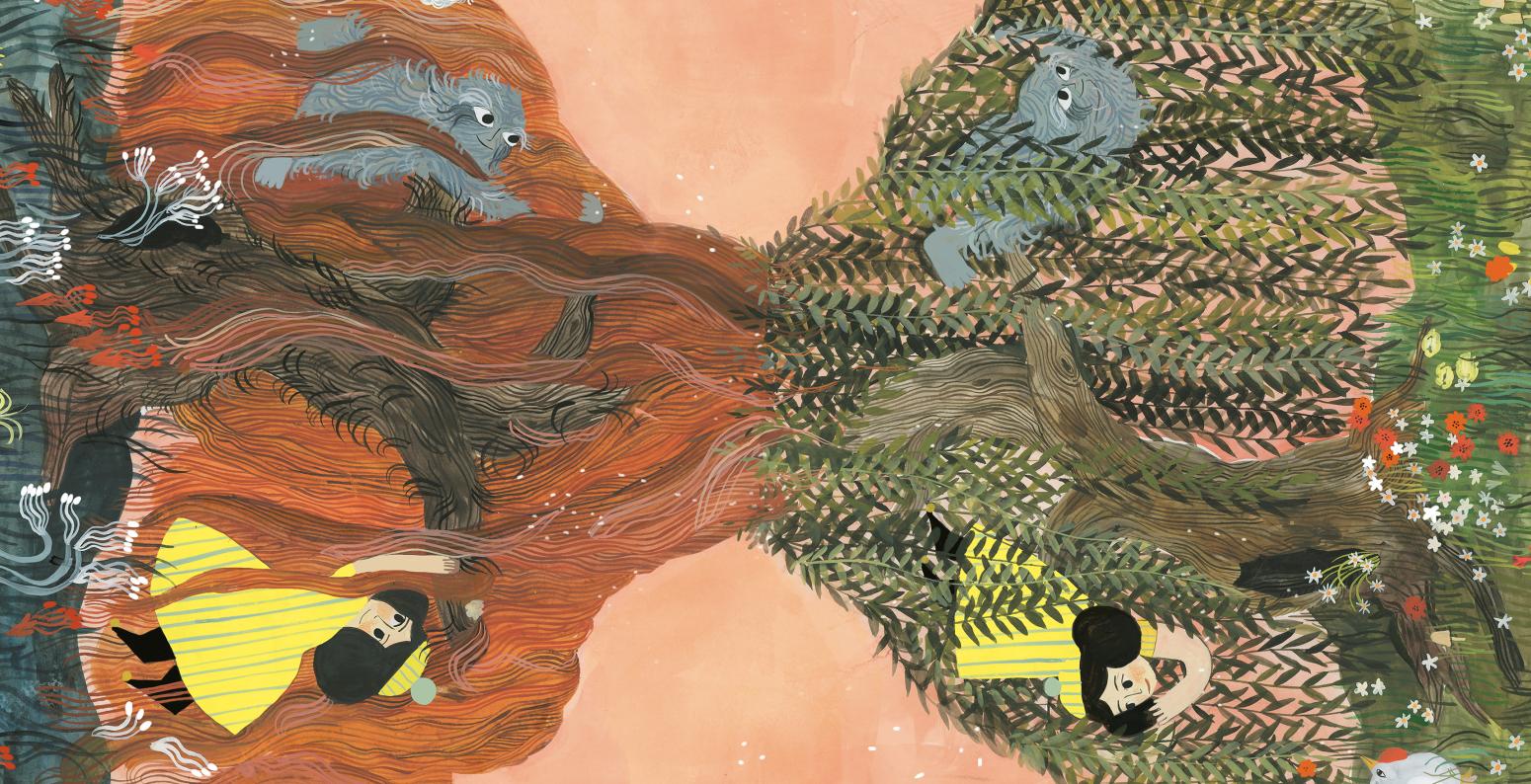 Illustration of girl in two landscapes mirror-imaged.
