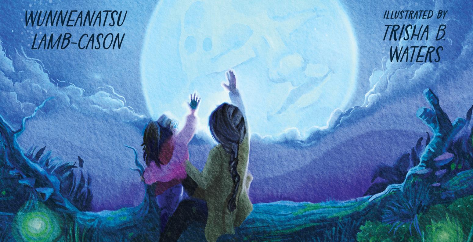 A grandmother and granddaughter look and point at the moon.