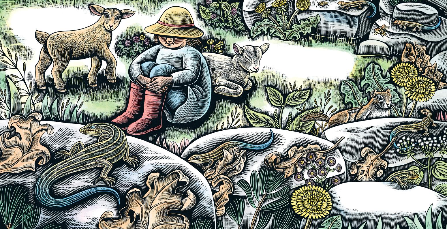 illustration of a child outside with animals