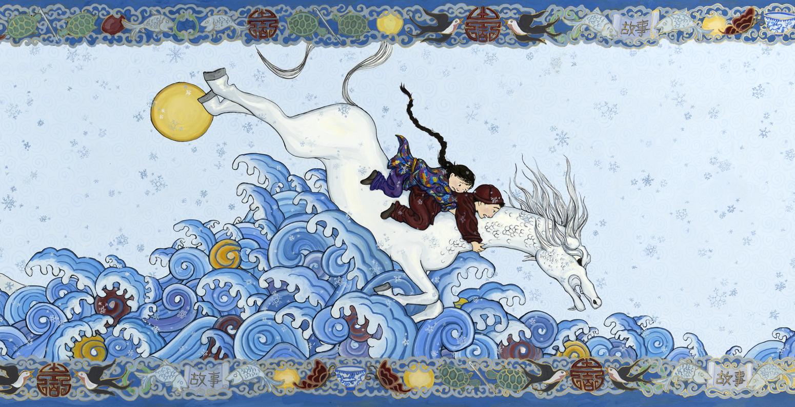 Illustration of girl on white horse jumping over waves.