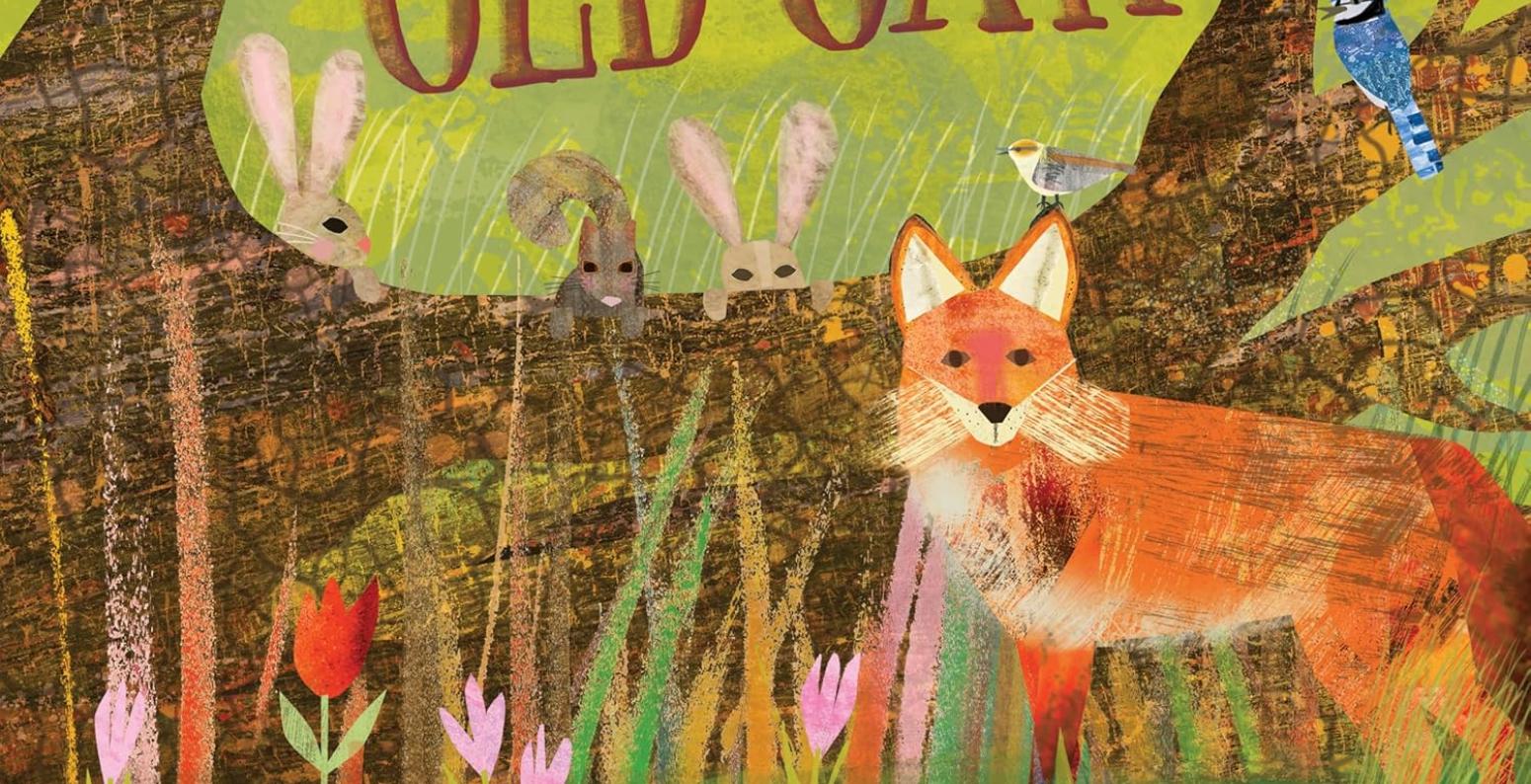 a fox and other animals in front of a fallen oak tree