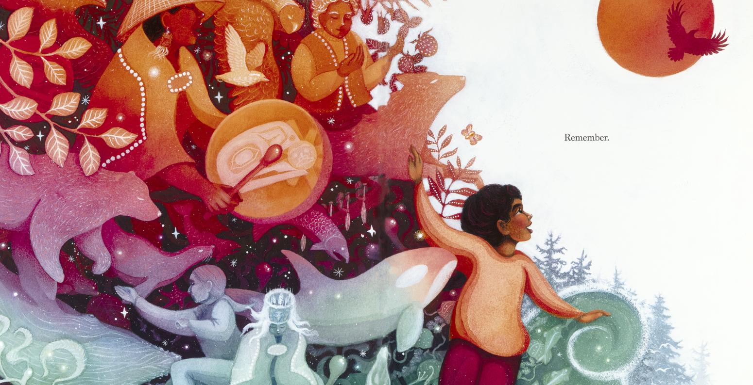 A girl dances with her arms stretched, mirroring the wings of a bird flying above. Community surrounds her as they play music, sing, and dance.