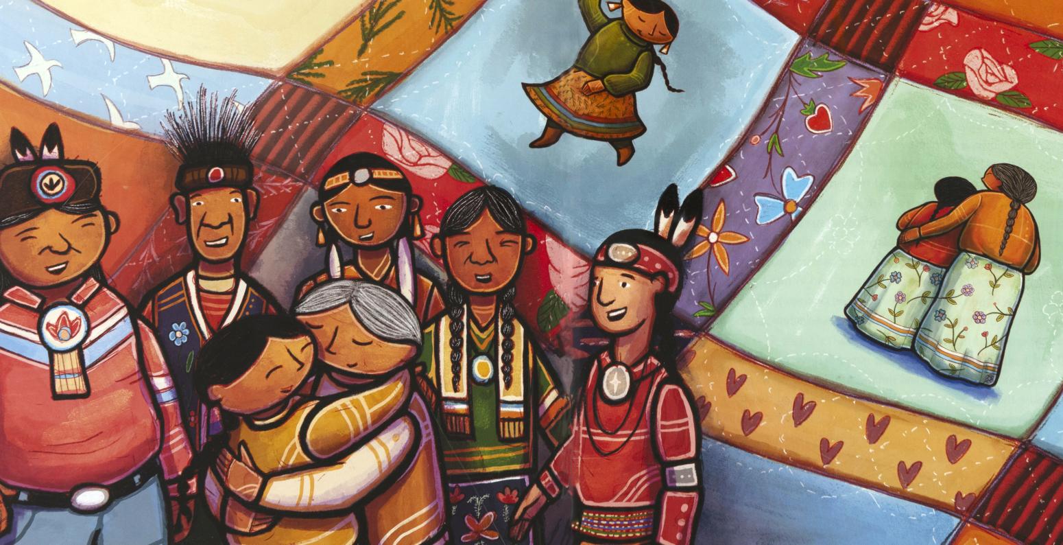 granddaughter and grandmother hug surrounded by uncles and cousins with quilt in the background