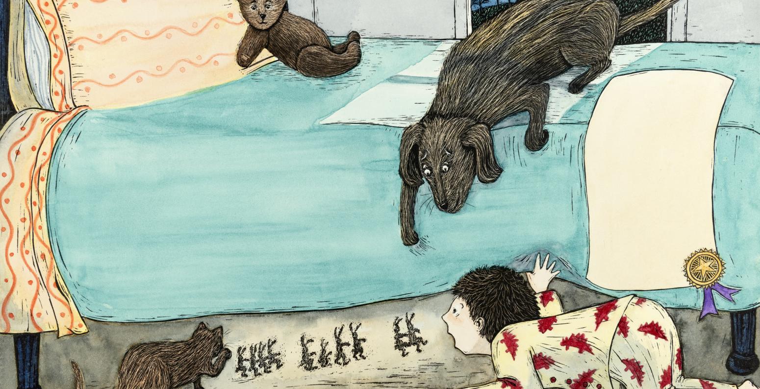 image of bed with boy looking under the bed at the mice below and dog peering down at the boy