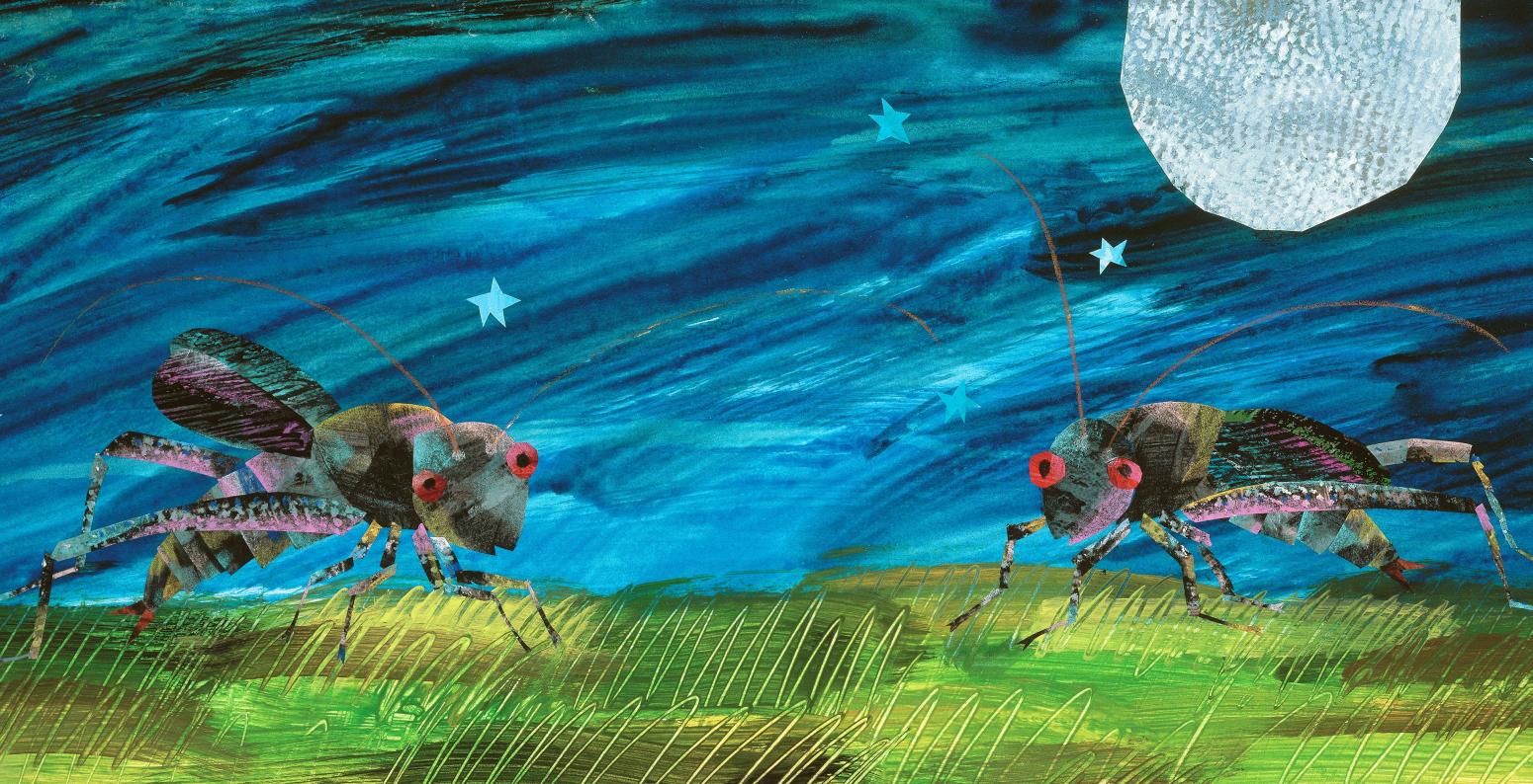 Illustration of two crickets in moonlight.