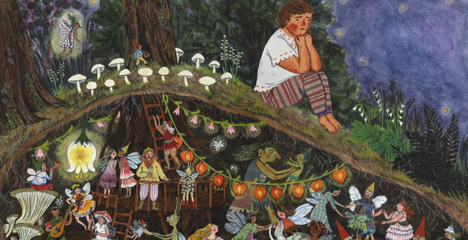 Artwork featuring faries and other magical creatures dancing underground.