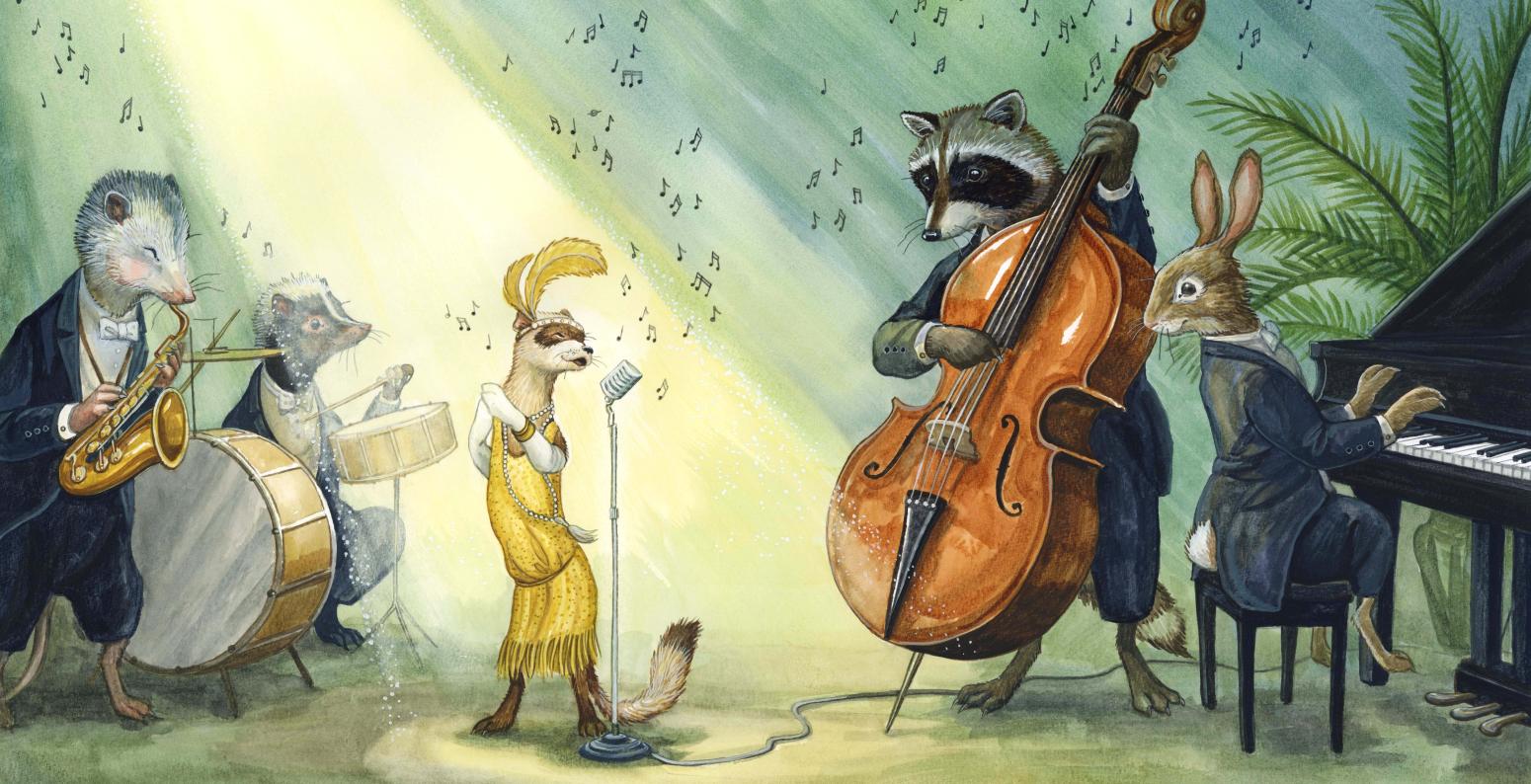 a variety of animals playing jazz instruments