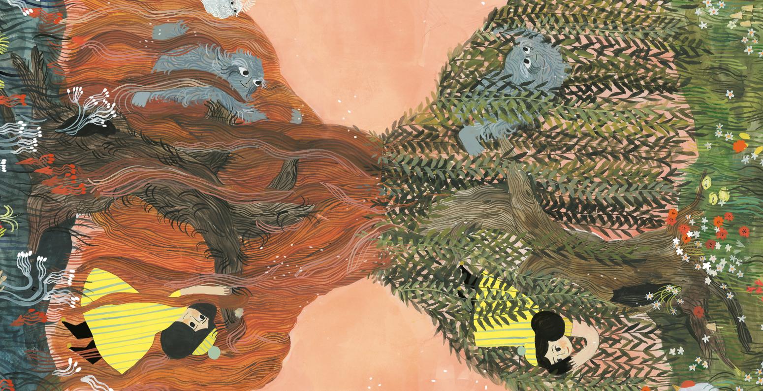 Illustration of two willow trees connected at their tops in the middle of the piece. The left half has orange leaves and the right has green. A young girl and a furry creature are playing in the tree on both sides. 