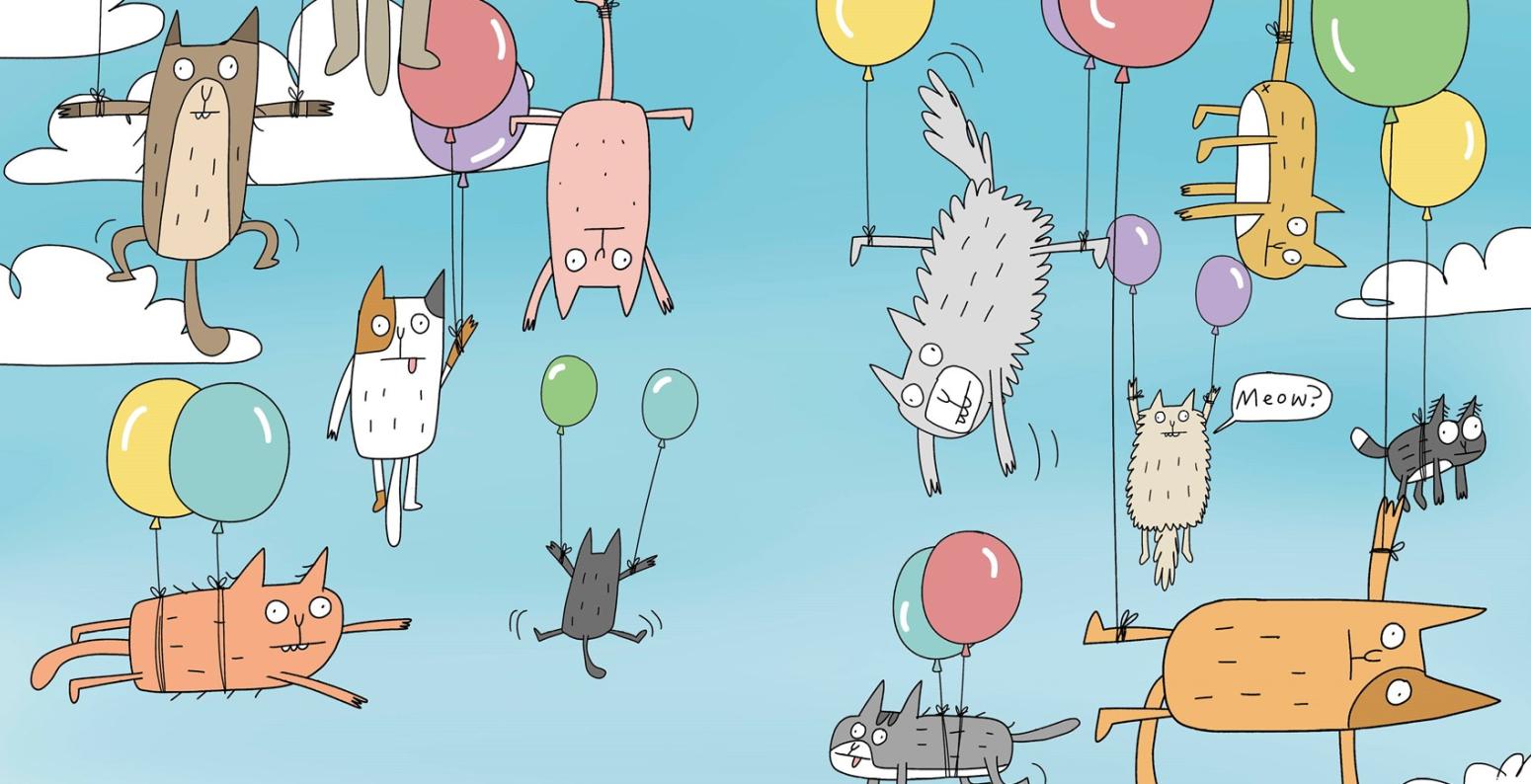 many cats being held up by balloons in the sky
