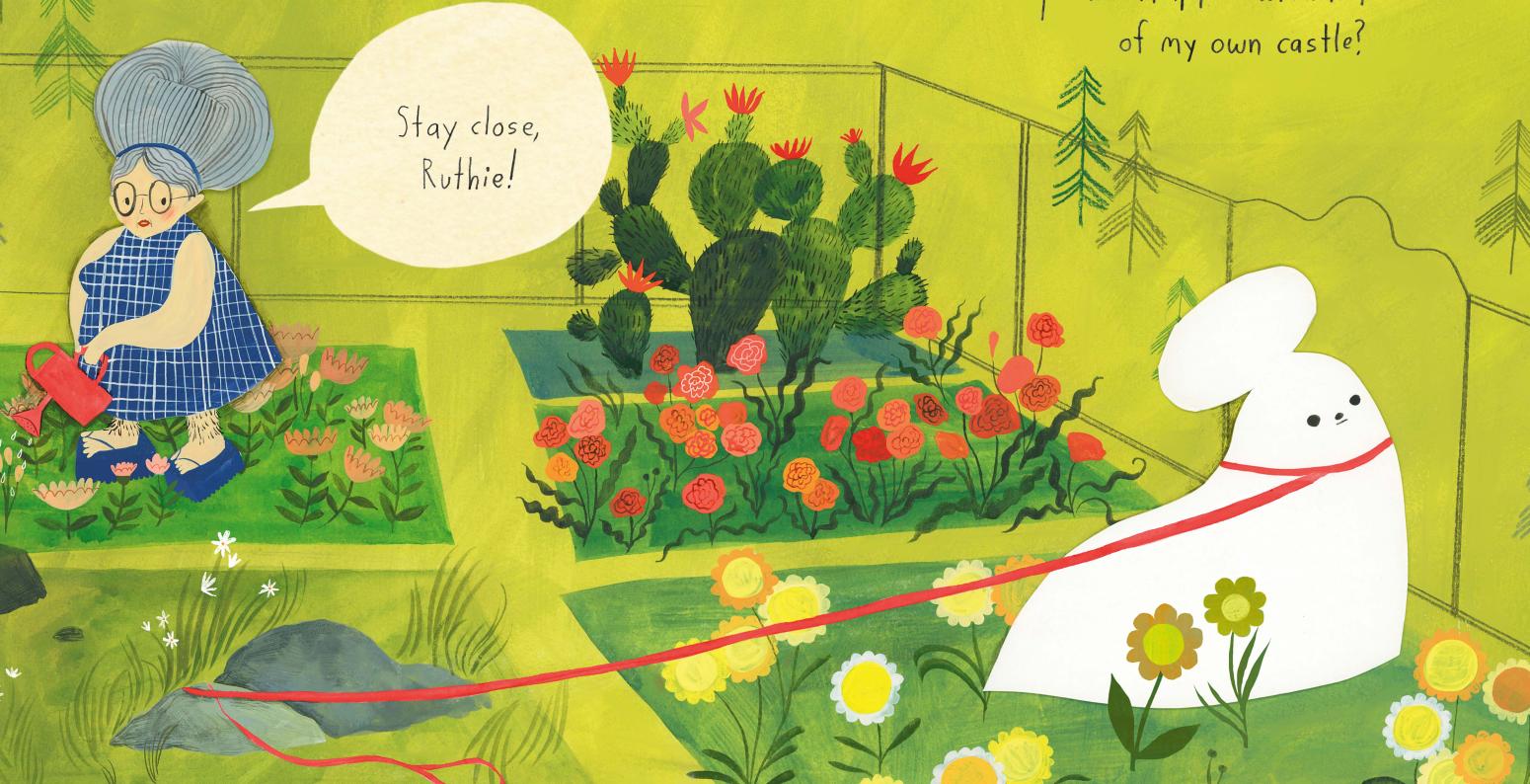 Illustration of giant white dog straining at leash in a garden.