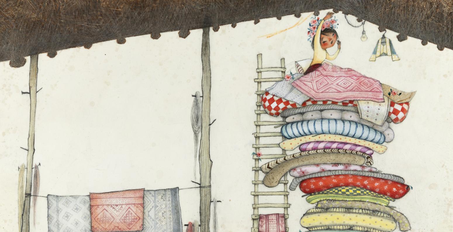Illustration of child on huge stack of pillows. 