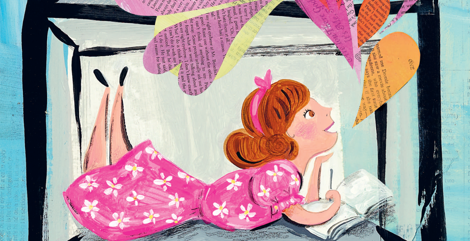 Illustration of a girl with light skin, writing in a journal.