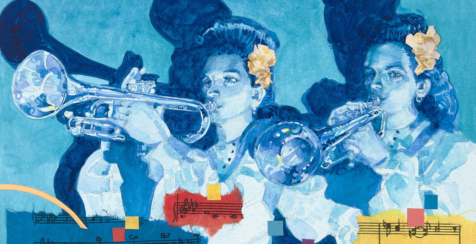 Illustration of girls playing trumpets. 