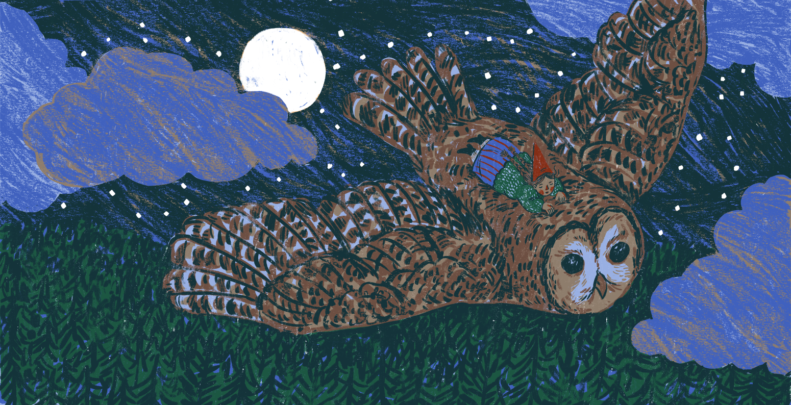 A gnome riding an owl as he flies at night