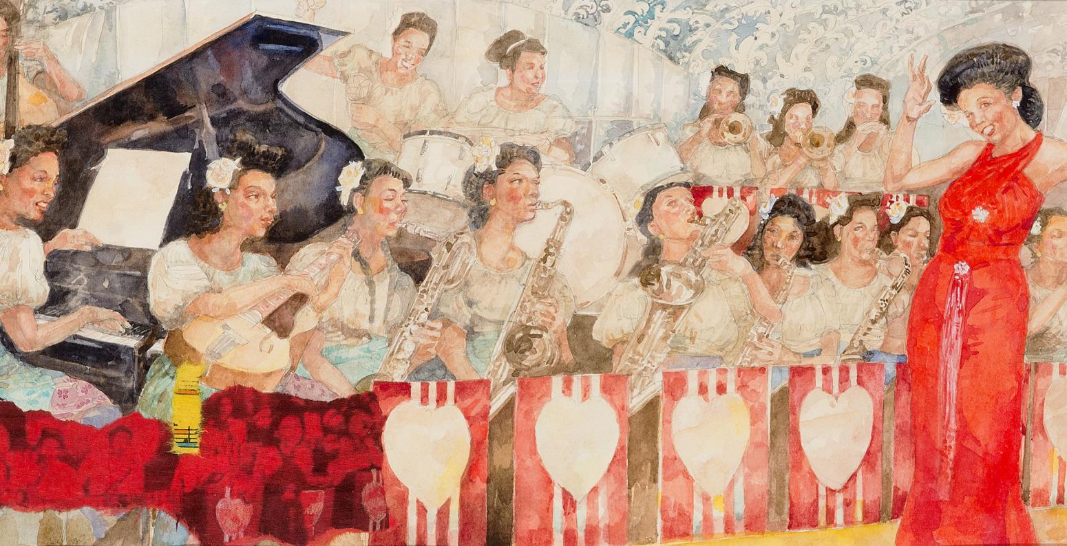 Illustration of woman singing with band. 