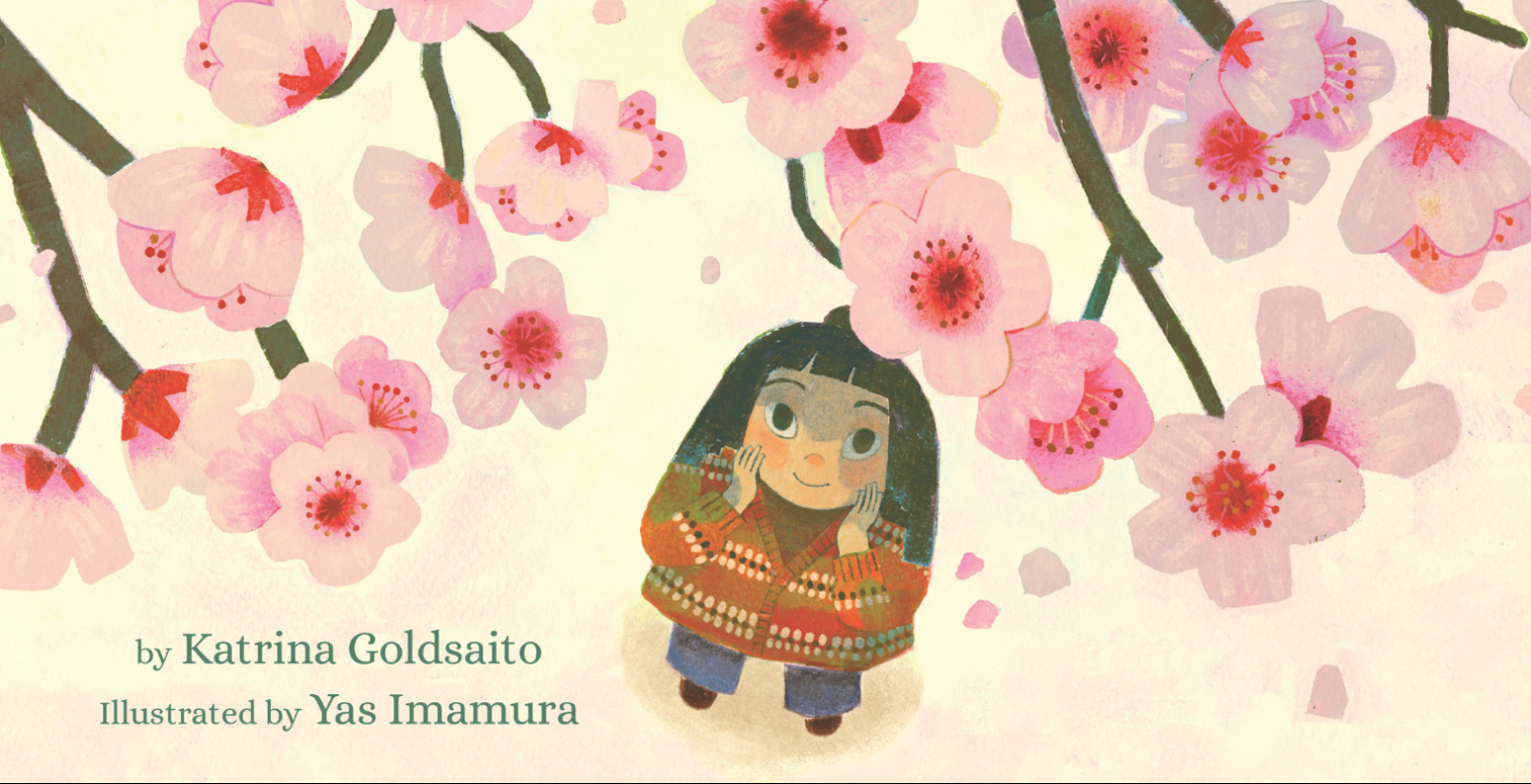 Illustration of a little girl looking at cherry blossoms up on a tree.