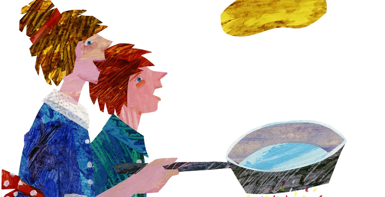 Illustration of two people flipping a pancake in the air