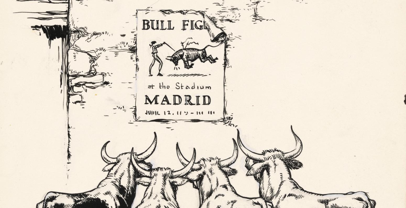 Ink drawing of bulls standing around sign. 