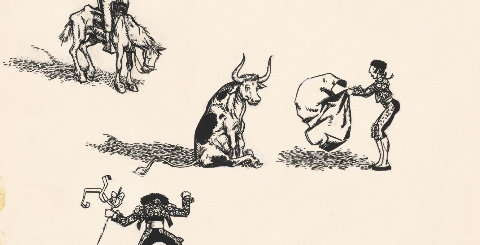 Ink drawing of matadors with bull. 