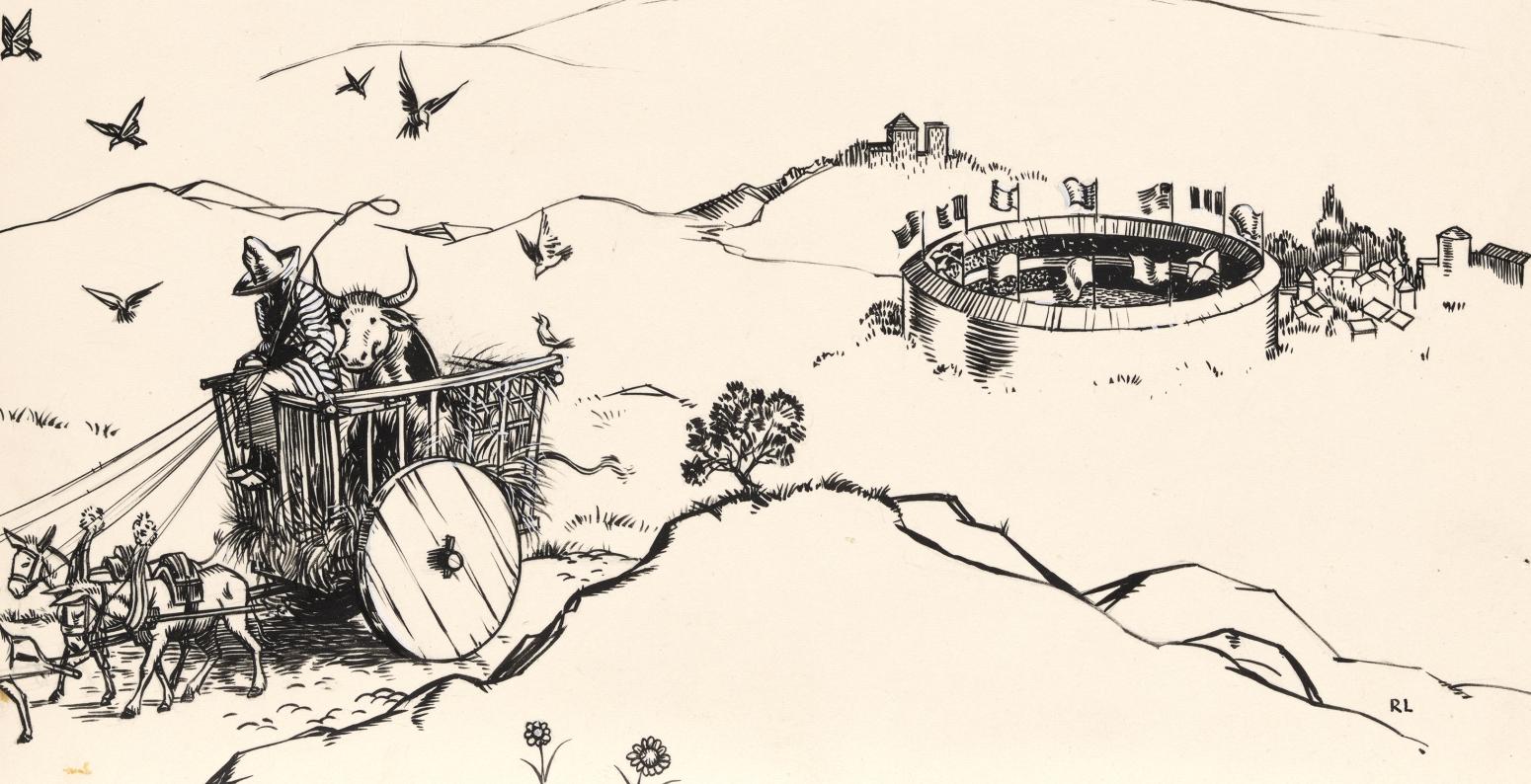 Ink drawing of cow in cart. 