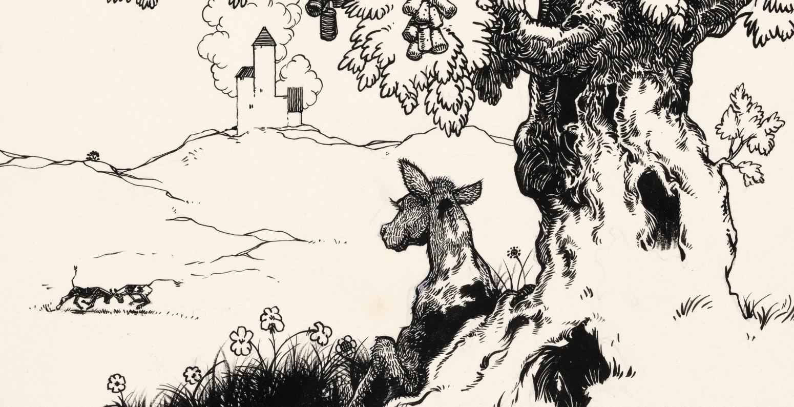 Bull sitting under a tree. 