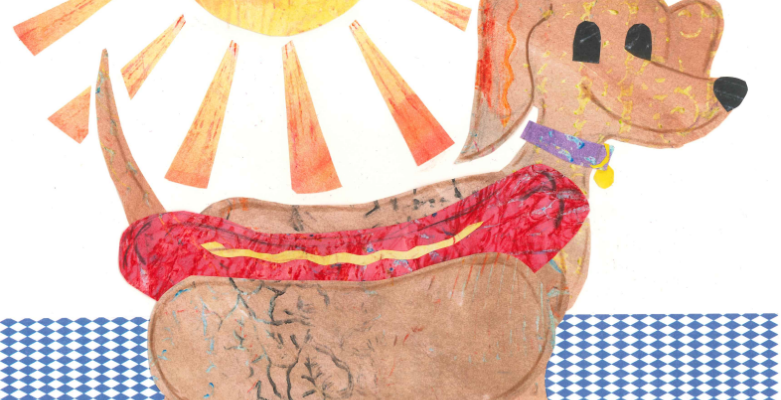 Playful collage of a dog with a hot dog as its body on a blue checked landscape and a sun in the background. 