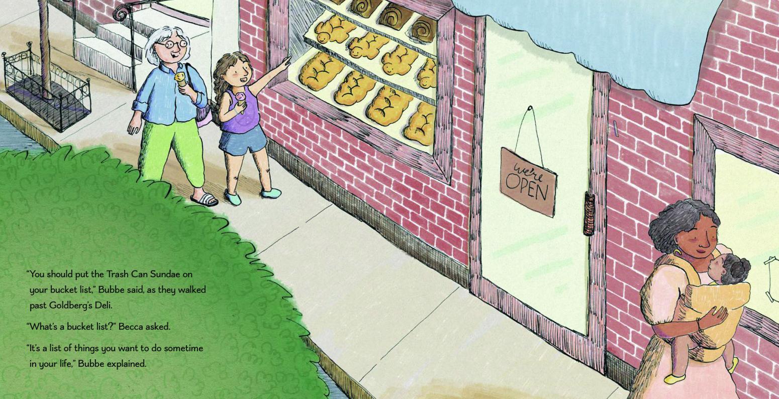 Illustration of a girl and her grandma walking past a shop.