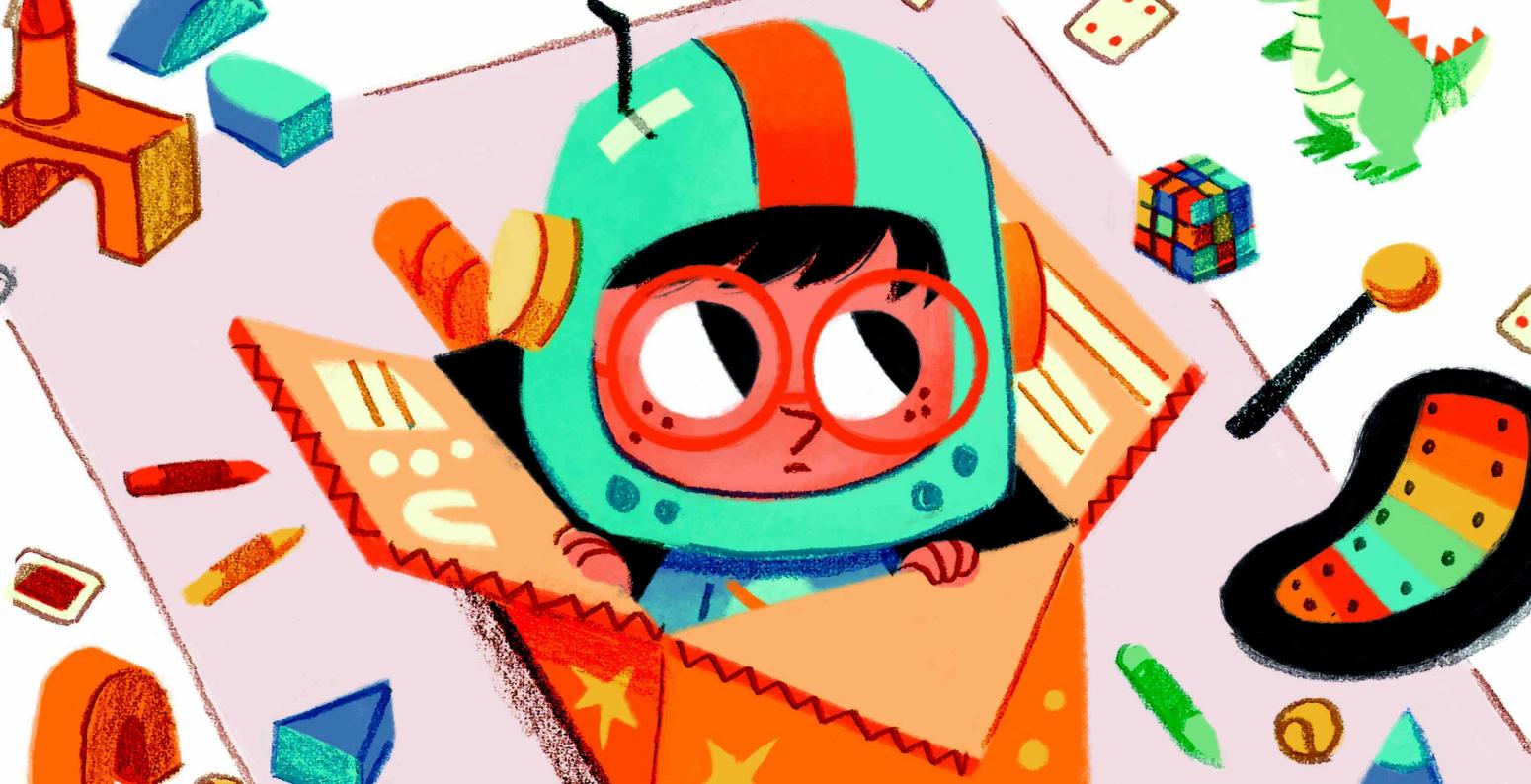 Illustration of a child playing in a cardboard box